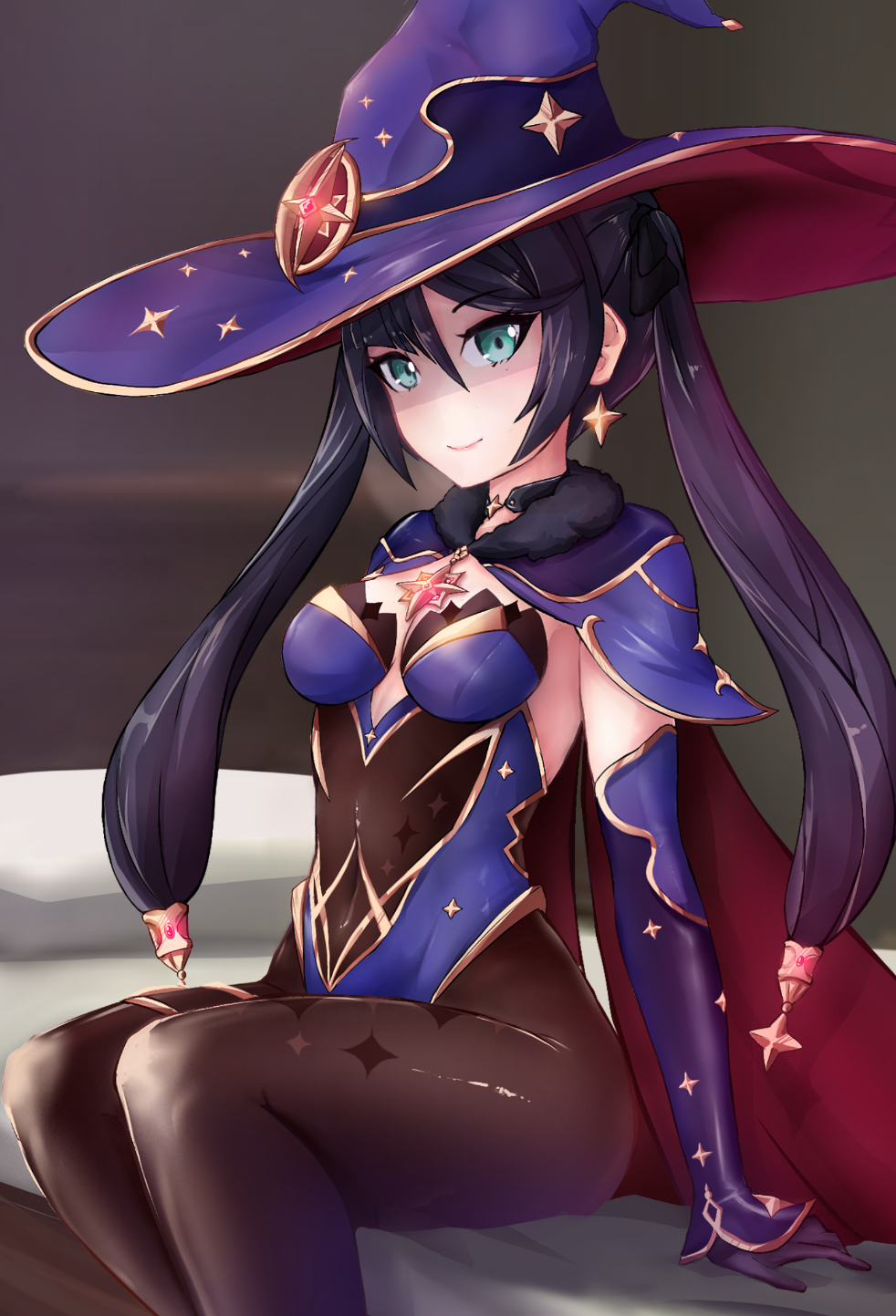 1girl, aqua_eyes, bed_sheet, bedroom, black_legwear, blue_leotard, bodysuit_under_clothes, breasts