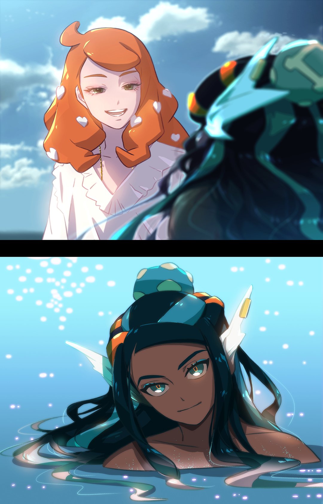 2girls, alternate_hairstyle, blue_eyeshadow, clouds, commentary_request, dark_skin, dark-skinned_female, day, eyelashes, eyeshadow, green_eyes, hair_bun, hair_ornament, head_tilt, heart, heart_hair_ornament, highres, korean_commentary, long_hair, makeup, mikripkm, multicolored_hair, multiple_girls, nessa_(pokemon), open_mouth, orange_hair, outdoors, partially_submerged, pokemon, pokemon_(game), pokemon_swsh, sky, smile, sonia_(pokemon), teeth, tongue, two-tone_hair, water