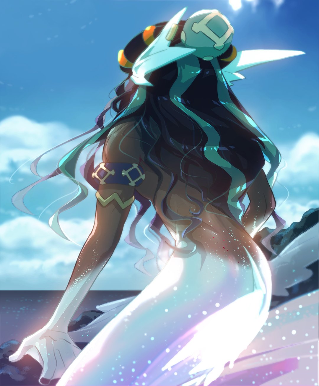 1girl, aqua_hair, armlet, black_hair, clouds, commentary_request, dark_skin, dark-skinned_female, day, floating_hair, gym_leader, hair_bun, highres, korean_commentary, long_hair, mermaid, mikripkm, monster_girl, multicolored_hair, nessa_(pokemon), outdoors, pokemon, pokemon_(game), pokemon_swsh, sky, solo, two-tone_hair