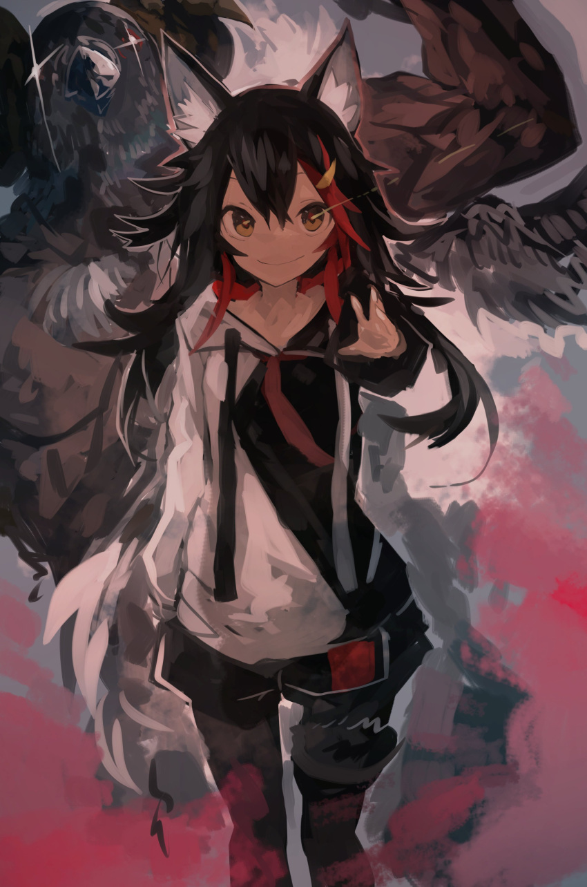 1girl, absurdres, animal_ears, bangs, bird, black_hair, boots, creature, flexing, flipped_hair, foreshortening, glint, glowing, hair_between_eyes, hatotaurus_(ookami_mio), highres, hololive, hood, hoodie, kaamin_(mariarose753), long_hair, looking_at_viewer, mismatched_footwear, multicolored_hair, muscle, necktie, ookami_mio, outstretched_arm, pantyhose, pose, redhead, shorts, smile, solo, standing, streaked_hair, thigh-highs, thigh_boots, virtual_youtuber, wolf_ears, yellow_eyes