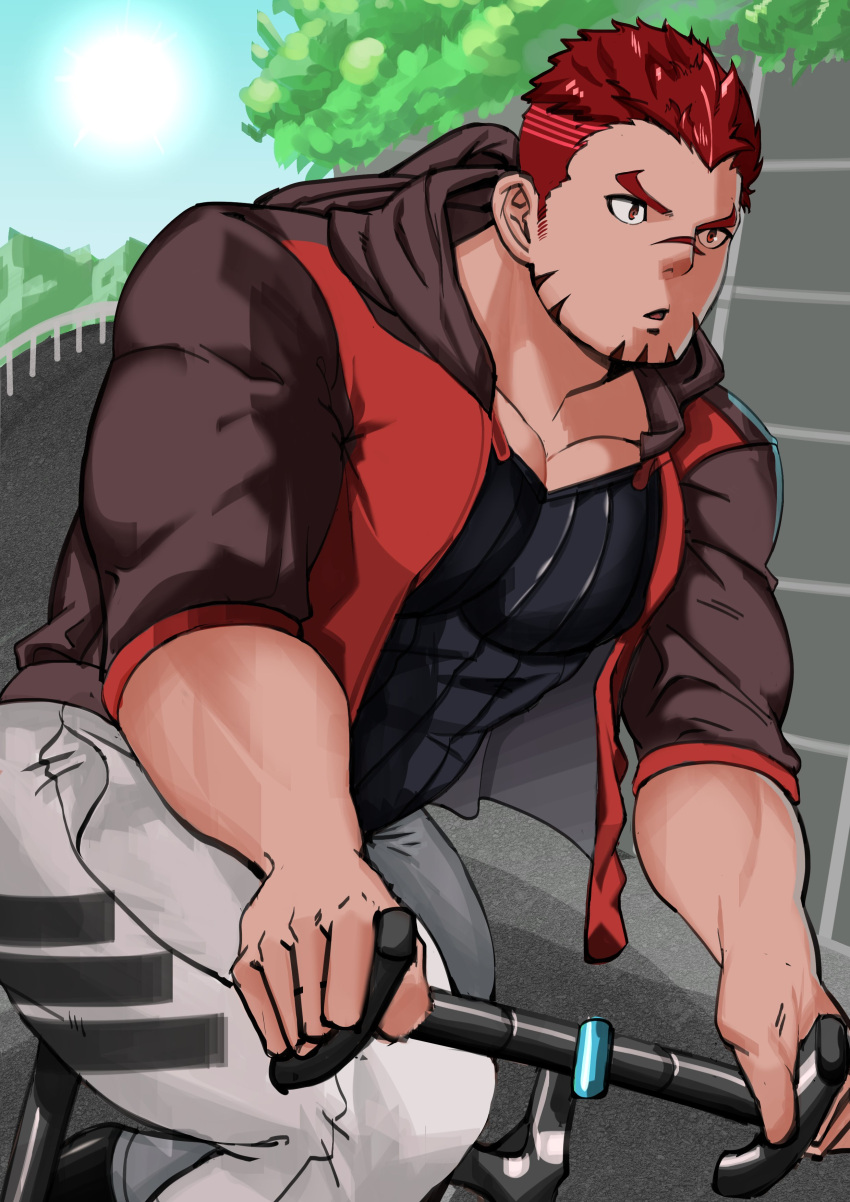 1boy, :o, absurdres, akashi_(live_a_hero), bara, bicycle, black_shirt, brown_hoodie