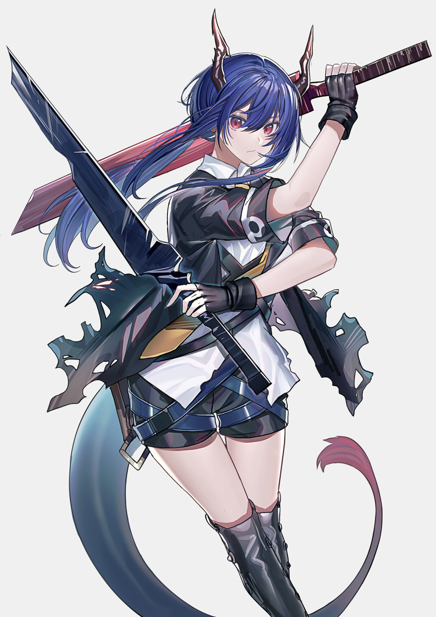 1girl, arknights, belt, black_gloves, black_jacket, black_shorts, blue_hair, ch'en_(arknights), chi_xiao_(arknights), collared_shirt, dragon_horns, dragon_tail, dual_wielding, echj, fingerless_gloves, gloves, highres, holding, holding_sword, holding_weapon, horns, jacket, long_hair, looking_at_viewer, multiple_belts, open_clothes, open_jacket, over-kneehighs, red_eyes, shirt, short_shorts, short_sleeves, shorts, simple_background, solo, sword, tail, thigh-highs, thighs, torn_jacket, weapon, white_background, white_shirt