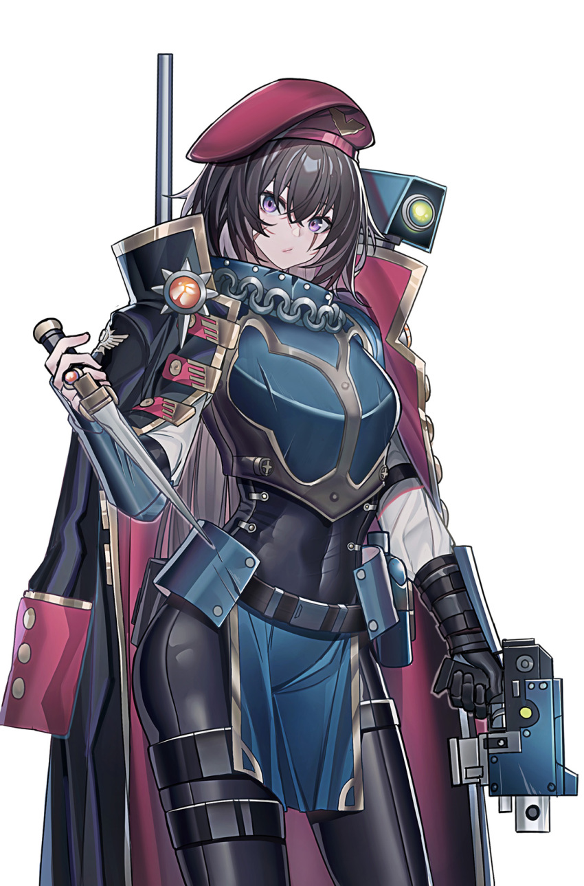 1girl, beret, black_coat, black_hair, breastplate, catsuit, closed_mouth, coat