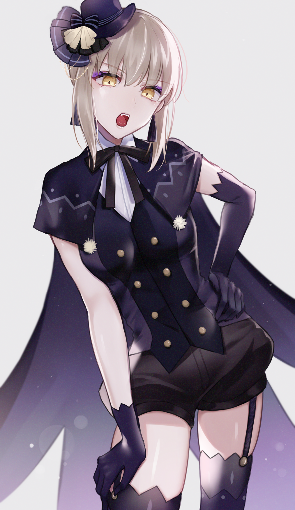 1girl, artoria_pendragon_(all), asymmetrical_gloves, bangs, black_bow, black_legwear, black_ribbon, black_shorts