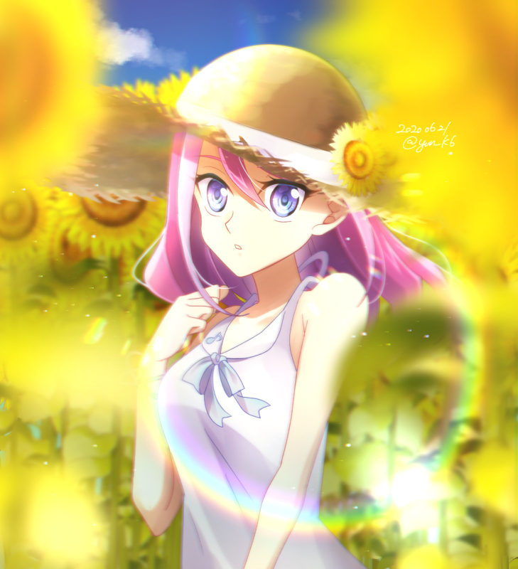 1girl, 2020, bangs, blue_eyes, blue_ribbon, blurry_foreground, collarbone, dated, day, dress, eyebrows_visible_through_hair, floating_hair, flower, hat, hat_flower, hat_ribbon, hiiragi_yuzu, looking_at_viewer, multicolored_hair, neck_ribbon, open_mouth, outdoors, pink_hair, ribbon, silver_hair, sleeveless, sleeveless_dress, solo, standing, straw_hat, summer, sun_hat, sundress, twitter_username, two-tone_hair, upper_body, white_dress, yellow_flower, yellow_headwear, yellow_ribbon, yu-gi-oh!, yu-gi-oh!_arc-v, yun_yu
