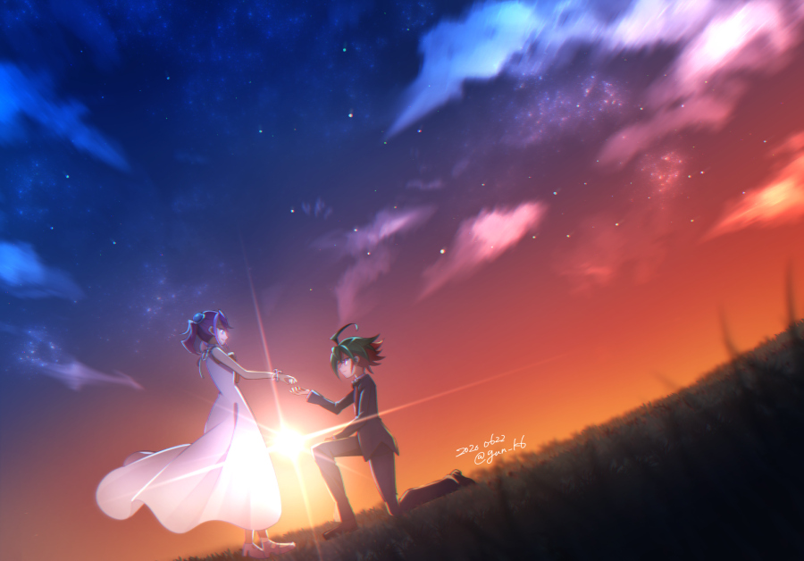 1boy, 1girl, 2020, ahoge, black_pants, black_shirt, clouds, couple, dated, dress, dusk, from_side, full_body, gradient_sky, green_hair, hetero, hiiragi_yuzu, long_dress, long_sleeves, multicolored_hair, one_knee, outdoors, pants, redhead, sakaki_yuuya, shirt, sky, sleeveless, sleeveless_dress, spiky_hair, standing, star_(sky), starry_sky, sun, twitter_username, two-tone_hair, white_dress, yu-gi-oh!, yu-gi-oh!_arc-v, yun_yu