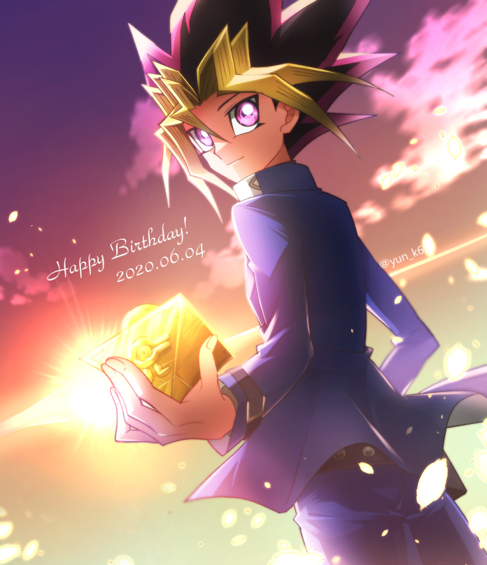 1boy, 2020, black_hair, blonde_hair, blue_jacket, blue_pants, closed_mouth, dated