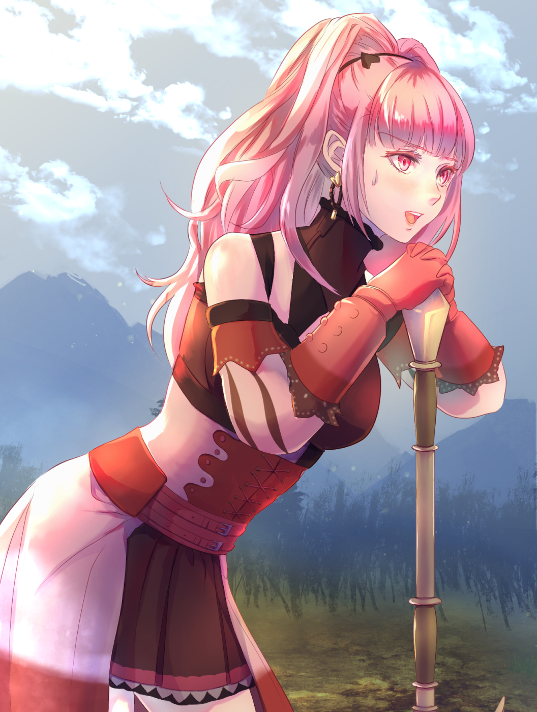 1girl, :d, arm_strap, bangs, black_skirt, blunt_bangs, breasts, clouds