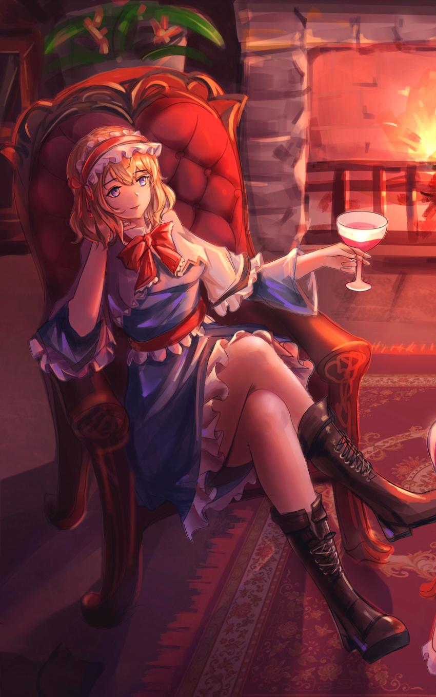 1girl, absurdres, alice_margatroid, bangs, blonde_hair, blue_dress, blue_eyes, boots