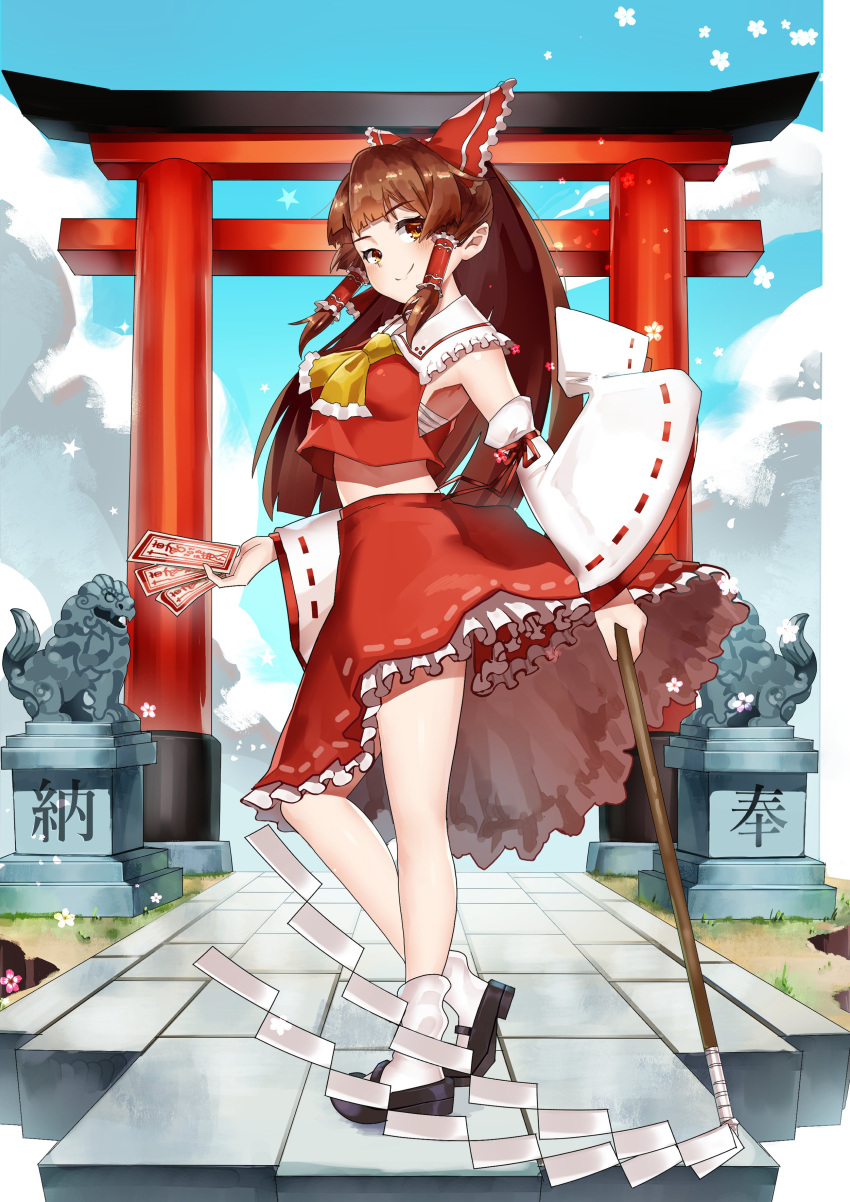 1girl, absurdres, ascot, bangs, black_footwear, bow, brown_eyes, brown_hair, closed_mouth, clouds, contrapposto, detached_sleeves, flower, frilled_hair_tubes, frilled_skirt, frills, from_side, full_body, gohei, hair_bow, hair_tubes, hakurei_reimu, highres, hiragi_sage, holding, japanese_clothes, komainu, long_hair, looking_at_viewer, miko, outdoors, pink_flower, red_bow, red_ribbon, red_shirt, red_skirt, ribbon, ribbon-trimmed_skirt, ribbon-trimmed_sleeves, ribbon_trim, shirt, skirt, sky, smile, socks, solo, statue, torii, touhou, white_flower, white_legwear, white_sleeves, wide_sleeves, yellow_neckwear