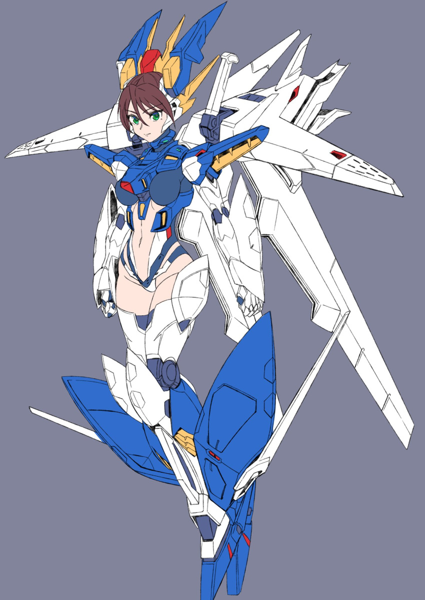 1girl, breasts, brown_hair, floating, green_eyes, grey_background, gundam, gundam_hathaway's_flash