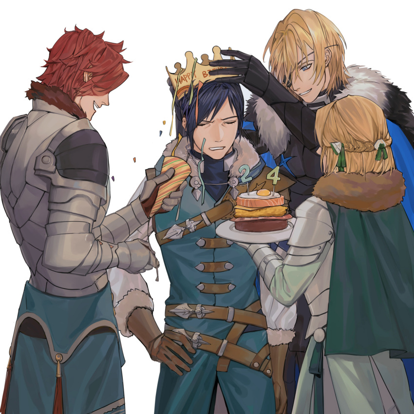 1girl, 3boys, :d, armor, belt, blonde_hair, blue_eyes, blue_jacket