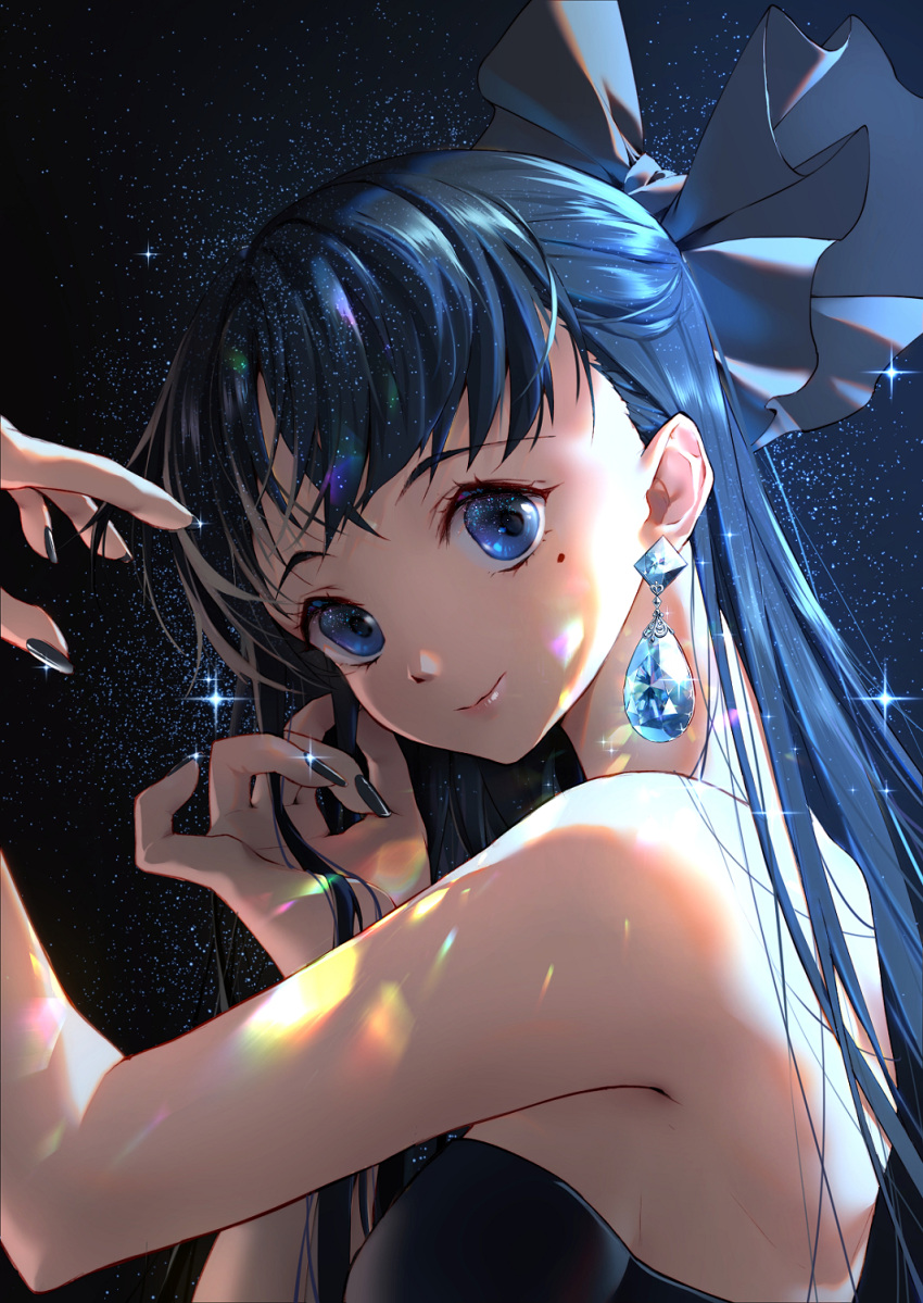 1girl, black_dress, black_nails, blue_bow, blue_eyes, blue_hair, bow, closed_mouth