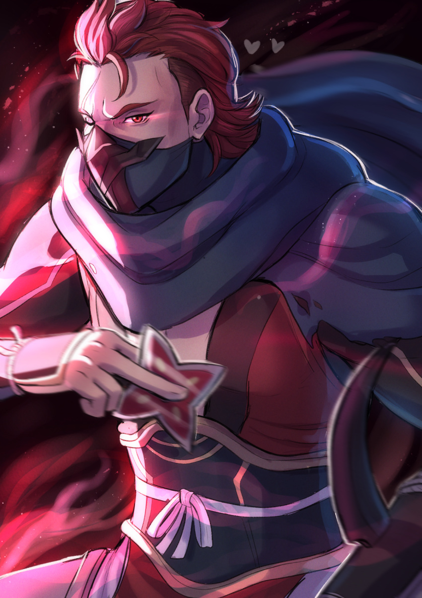 1boy, armor, blue_scarf, evomanaphy, fire_emblem, fire_emblem_fates, fire_emblem_heroes, highres, holding, holding_weapon, looking_at_viewer, male_focus, ninja, ninja_mask, red_eyes, redhead, saizo_(fire_emblem), scar, scar_across_eye, scarf, shuriken, simple_background, upper_body, weapon