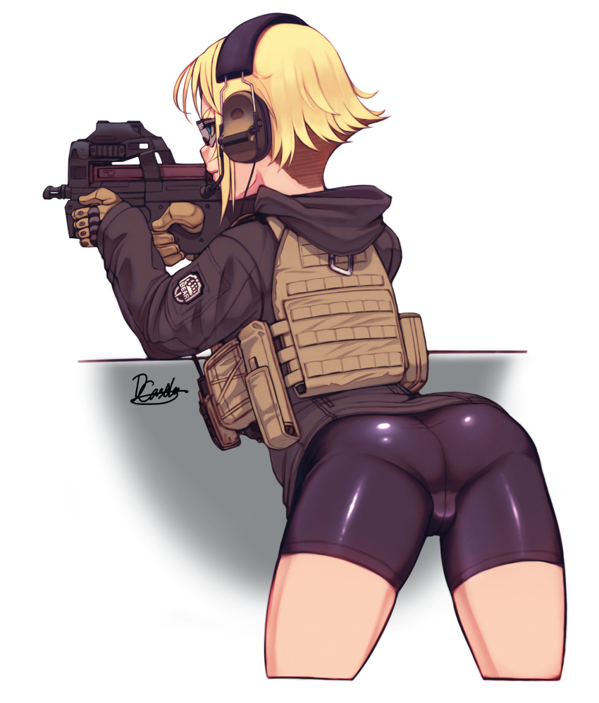 1girl, absurdres, ass, bike_shorts, blonde_hair, bullpup, dragoncastle, escape_from_tarkov, gloves, goggles, gun, headset, highres, hood, hoodie, load_bearing_vest, original, p90, pantylines, plate_carrier, short_hair, solo, submachine_gun, weapon, white_background