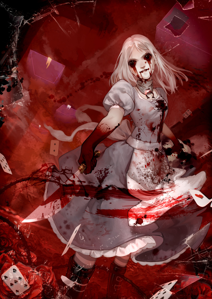 1girl, absurdres, alice:_madness_returns, alice_(wonderland), american_mcgee's_alice, apron, black_hair, blood