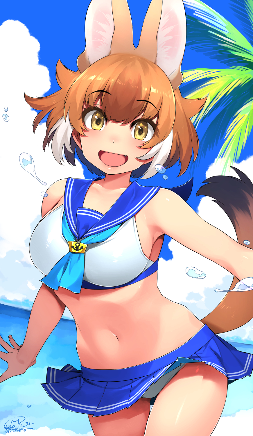 1girl, :d, animal_ear_fluff, animal_ears, bangs, beach, bikini, blue_sailor_collar