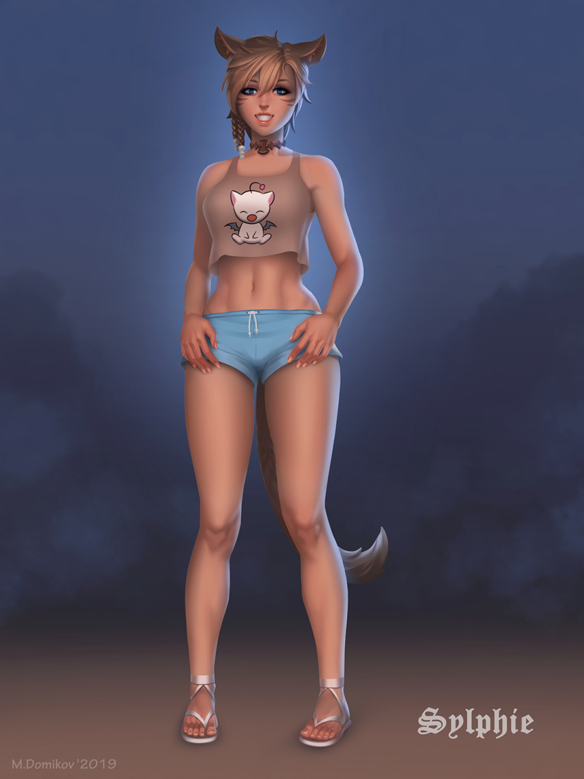 1girl, animal_ears, blonde_hair, blue_eyes, braid, cat_ears, cat_tail, choker, commission, facial_mark, final_fantasy, final_fantasy_xiv, full_body, hair_between_eyes, hands_on_hips, highres, looking_at_viewer, maxim_domikov, midriff, miqo'te, sandals, short_hair, short_shorts, shorts, smile, solo, standing, tail, tank_top, whisker_markings