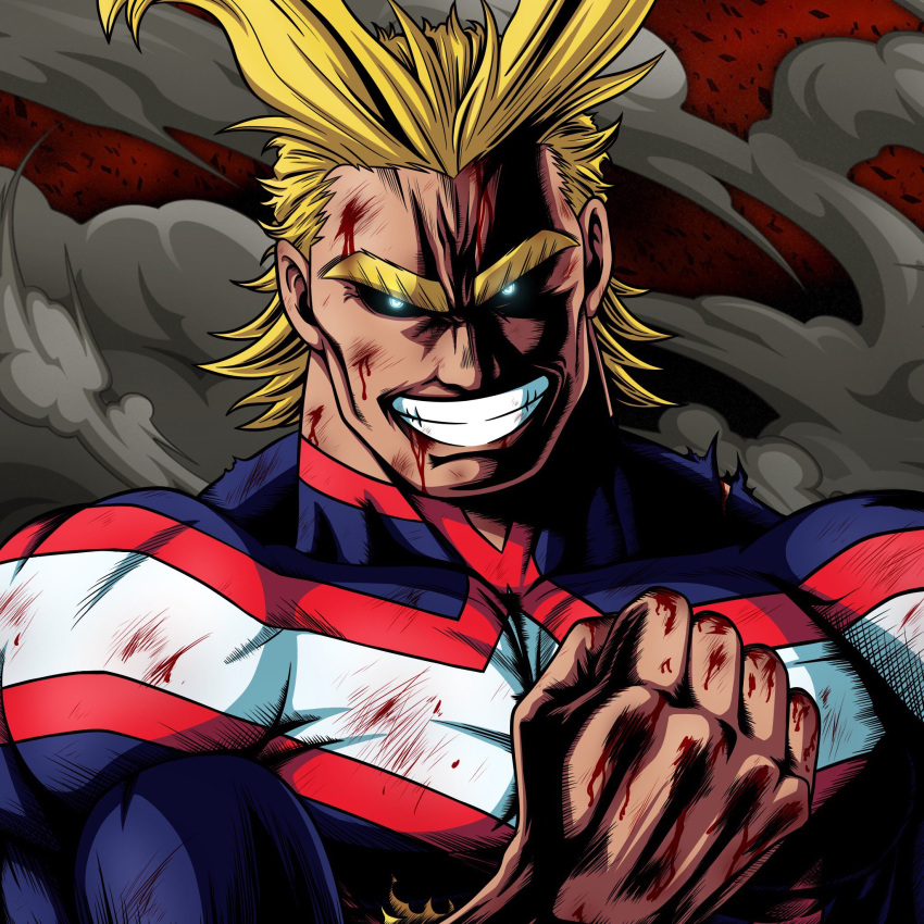 1boy, all_might, antenna_hair, black_sclera, blonde_hair, blood, blood_on_face, blood_stain