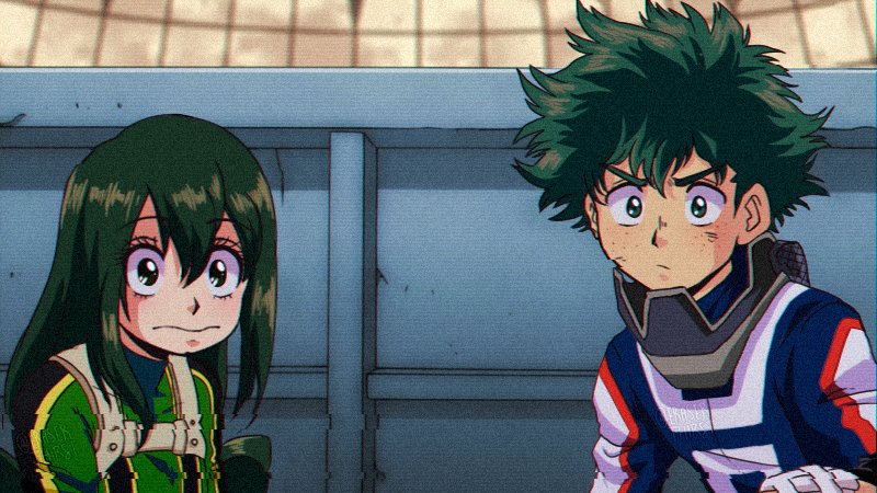 1990s_(style), 1boy, 1girl, asui_tsuyu, black_eyes, bodysuit, boku_no_hero_academia, closed_mouth