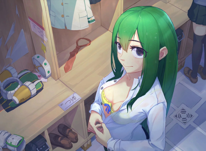 2girls, :>, asui_tsuyu, boku_no_hero_academia, bra, eyes_visible_through_hair, finaru-dorim, folded_clothes, from_above, green_eyes, green_hair, highres, indoors, letter, locker, locker_room, long_hair, long_sleeves, looking_at_viewer, multiple_girls, necktie, necktie_removed, pleated_skirt, red_neckwear, shirt, shoes_removed, skirt, solo_focus, thigh-highs, tile_floor, tiles, unbuttoning, underwear, undressing, white_shirt, yellow_bra