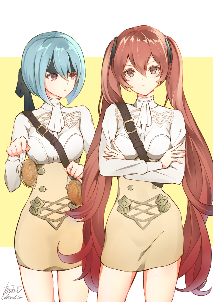 2girls, atoatto, beruka_(fire_emblem), blue_hair, bread, crossed_arms, fire_emblem, fire_emblem_fates