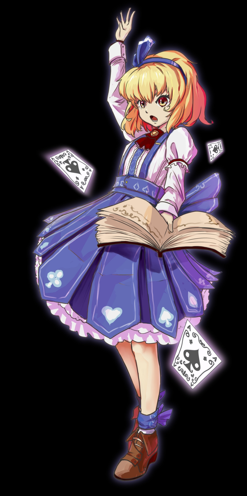 1girl, :o, absurdres, alice_margatroid, alice_margatroid_(pc-98), ankle_bow, arm_up, black_background