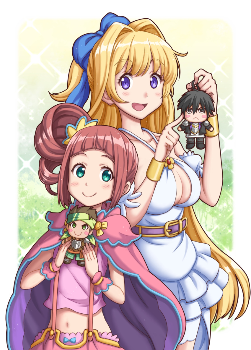 2boys, 2girls, aqua_bow, blonde_hair, blue_bow, bow, bracer, drill_hair