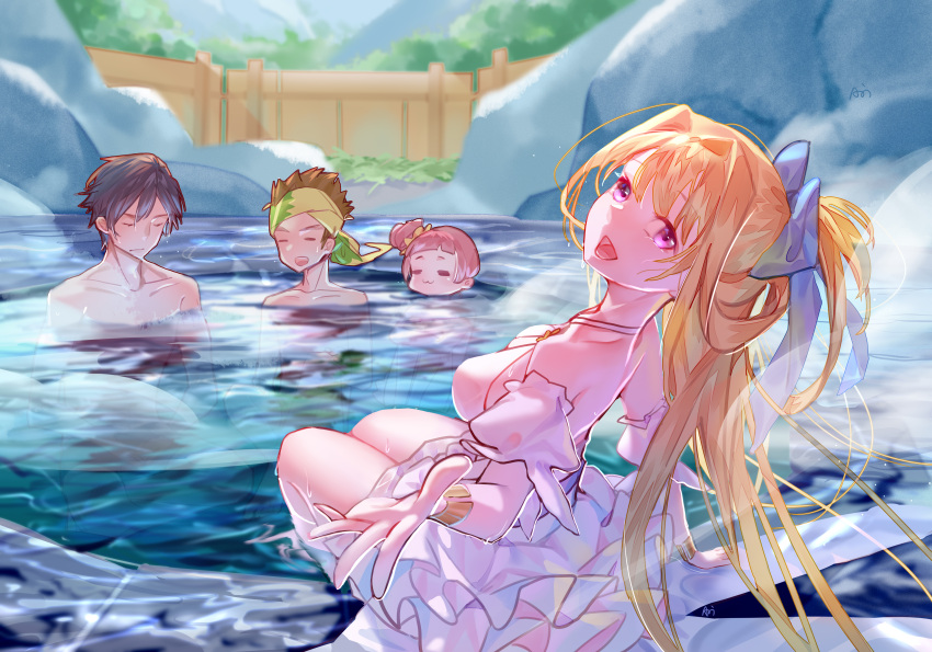 2boys, 2girls, absurdres, blonde_hair, blue_choker, blush, bracer, breasts