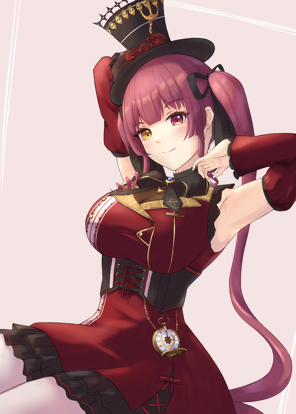 1girl, armpits, arms_up, bangs, black_neckwear, black_ribbon, blunt_bangs, bow