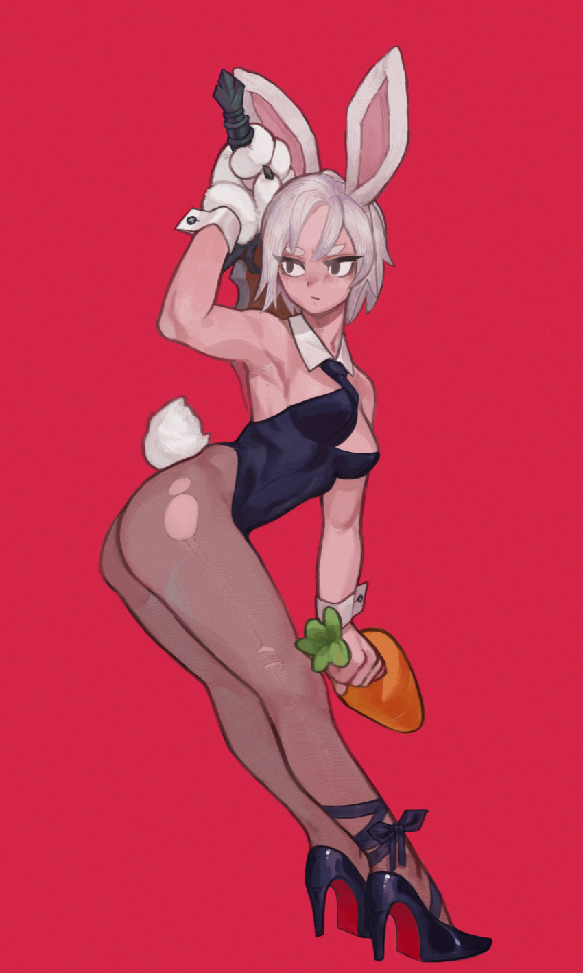 1girl, absurdres, animal_ears, arm_up, armpits, battle_bunny_riven, black_footwear, black_leotard, black_neckwear, boridongja, breasts, bunny_paws, bunny_tail, carrot, covered_navel, cuffs, detached_collar, full_body, gloves, grey_hair, high_heels, highres, large_breasts, league_of_legends, leotard, necktie, pantyhose, playboy_bunny, rabbit_ears, red_background, riven_(league_of_legends), simple_background, single_glove, solo, standing, tail, torn_clothes, torn_legwear