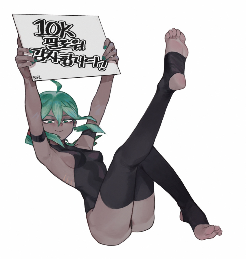 1girl, armpits, arms_up, black_legwear, black_leotard, boridongja, breasts, dark_skin