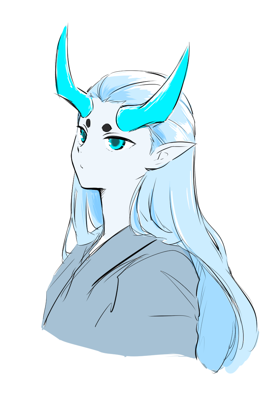 1boy, blue_eyes, blue_hair, expressionless, highres, horns, long_hair, md_smpq