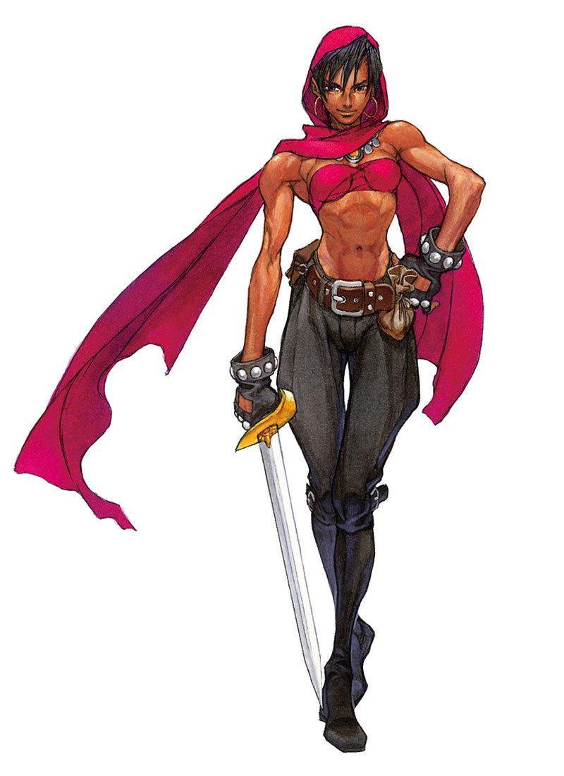 1girl, black_gloves, black_hair, breasts, dark_skin, dungeons_&amp;_dragons:_shadow_over_mystara, dungeons_and_dragons, gloves, hand_on_hip, hood, korean_commentary, midriff, moriah, navel, small_breasts, solo, standing, white_background, y_frt