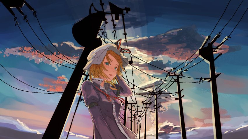 1girl, 3735geriragouki, blonde_hair, blue_eyes, bow, commentary, dress, dusk