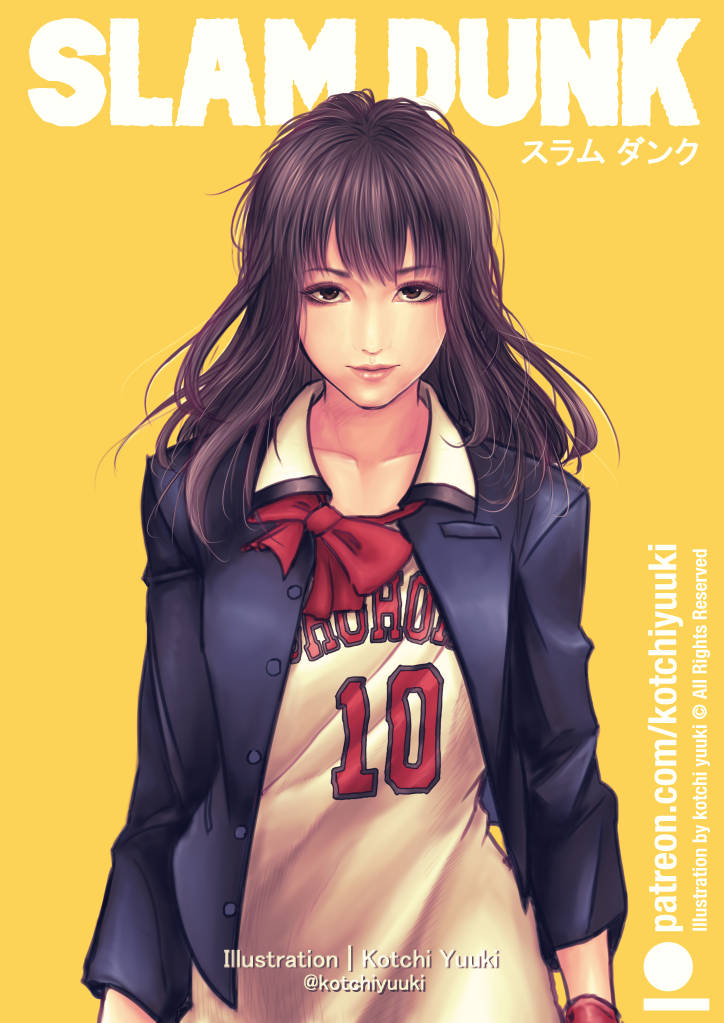 1girl, akagi_haruko, artist_name, bangs, basketball_uniform, blazer, blue_jacket, bow
