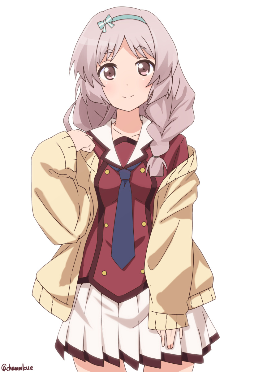 1girl, absurdres, aqua_hairband, blue_neckwear, bow, braid, cardigan, chamu_(chammkue)
