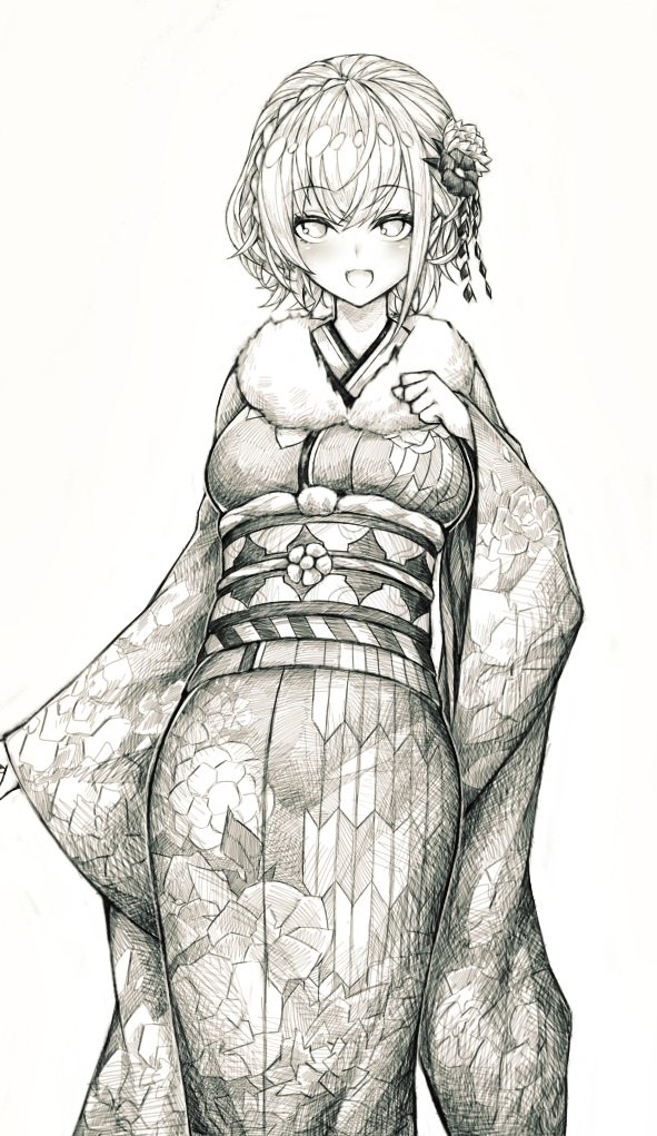 1girl, breasts, clenched_hand, graphite_(medium), hololive, japanese_clothes, kimono, kupa_(jesterwii), large_breasts, looking_ahead, monochrome, open_mouth, shirogane_noel, short_hair, smile, solo, traditional_media, virtual_youtuber, yukata