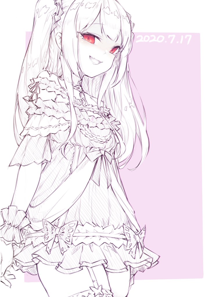 1girl, dated, fang, flat_chest, hololive, kupa_(jesterwii), long_hair, looking_down