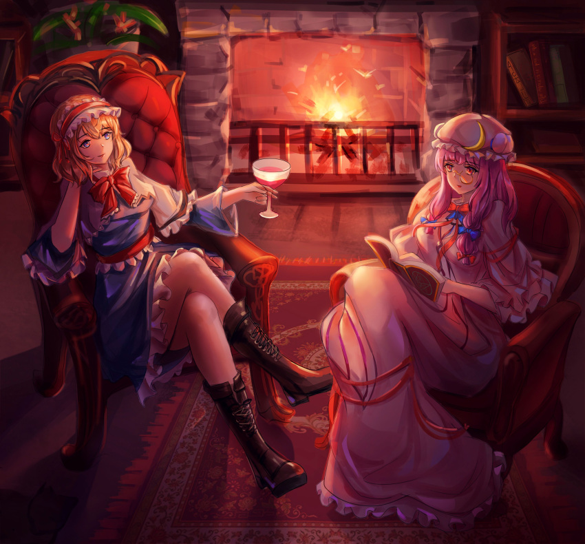 2girls, absurdres, alice_margatroid, bangs, blonde_hair, blue_bow, blue_dress, blue_eyes