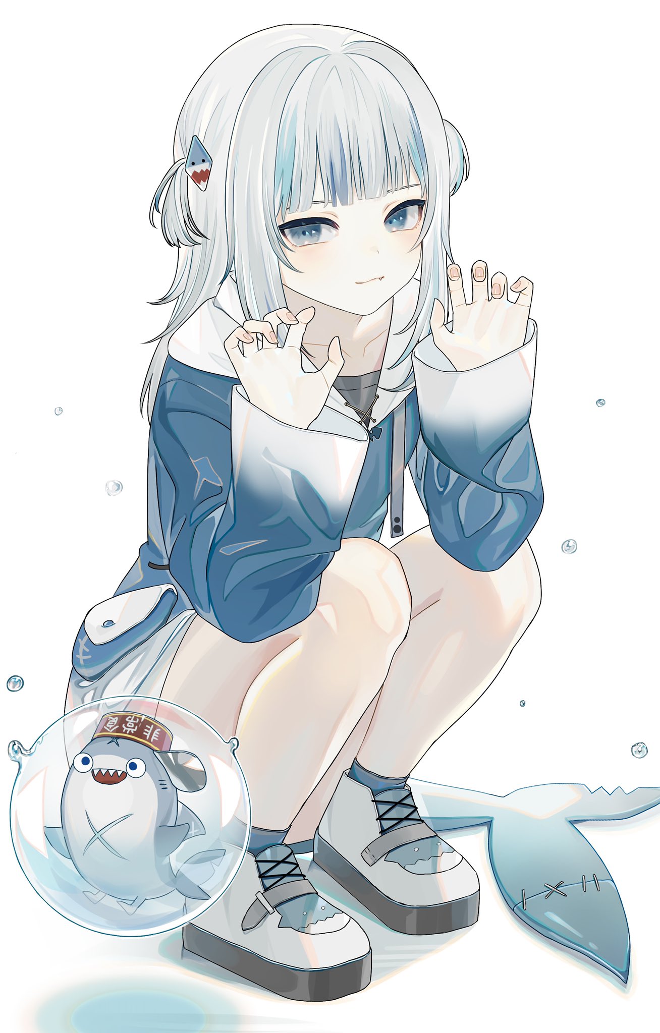 1girl, bloop_(gawr_gura), blue_eyes, bubble, claw_pose, fish_tail, gawr_gura, highres, hololive, hololive_english, iei000, open_mouth, shark_tail, solo, squatting, tail, two_side_up, virtual_youtuber, white_hair