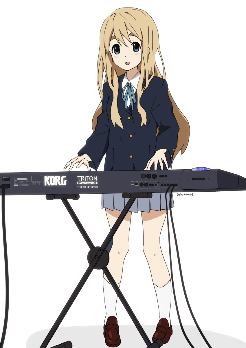 1girl, :d, absurdres, blonde_hair, blue_eyes, blue_jacket, blue_ribbon, blue_skirt