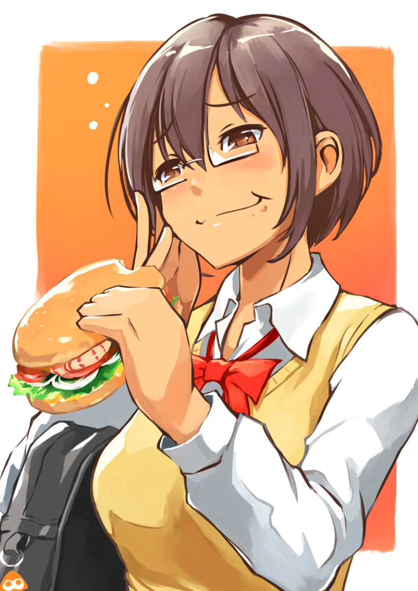 1girl, bag, black_bag, blush, border, bow, bowtie, brown_eyes