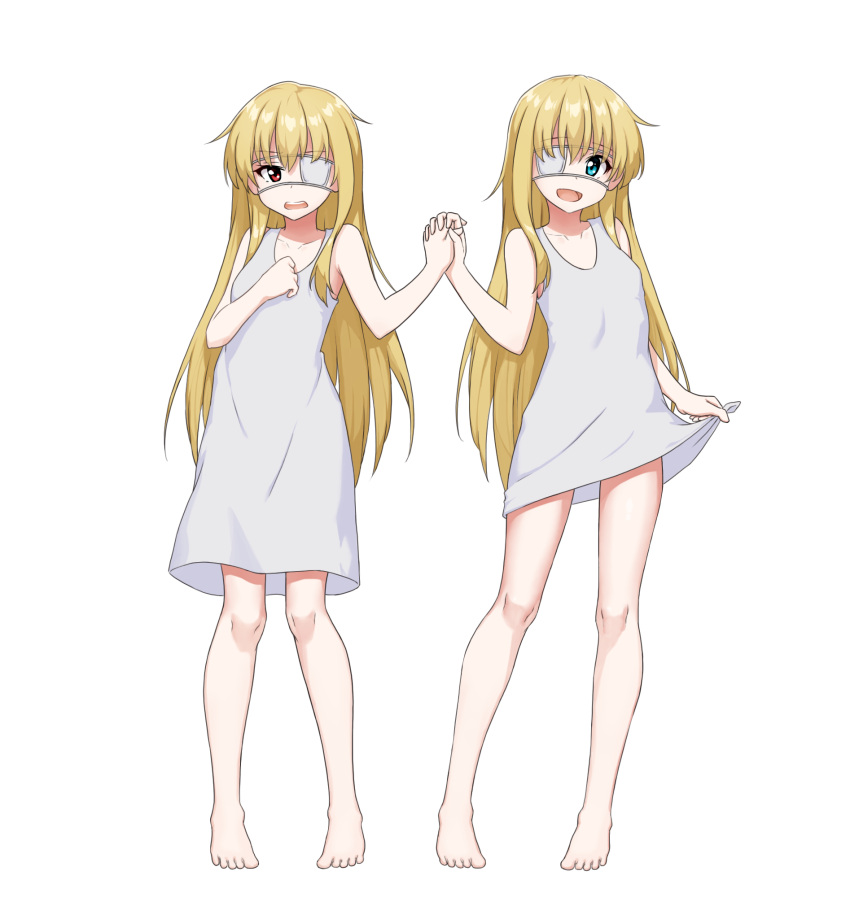 2girls, :d, bangs, bare_arms, bare_legs, bare_shoulders, barefoot, black_souls