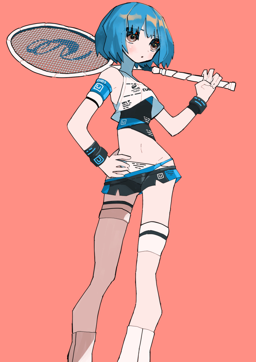 1girl, bangs, blue_hair, brown_eyes, feet_out_of_frame, hand_on_hip, highres, holding