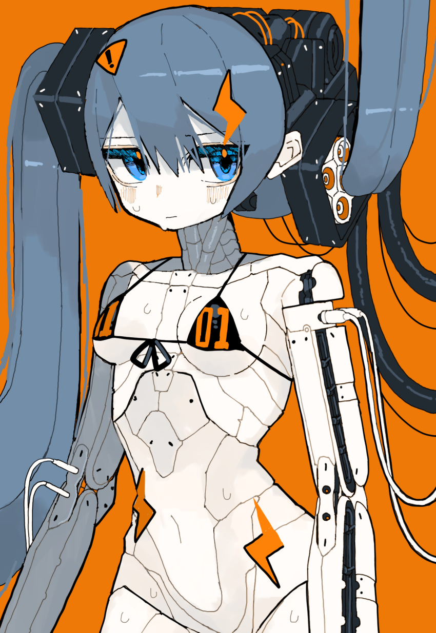 1girl, aqua_hair, bangs, bikini, blue_eyes, breasts, breasts_apart, cable