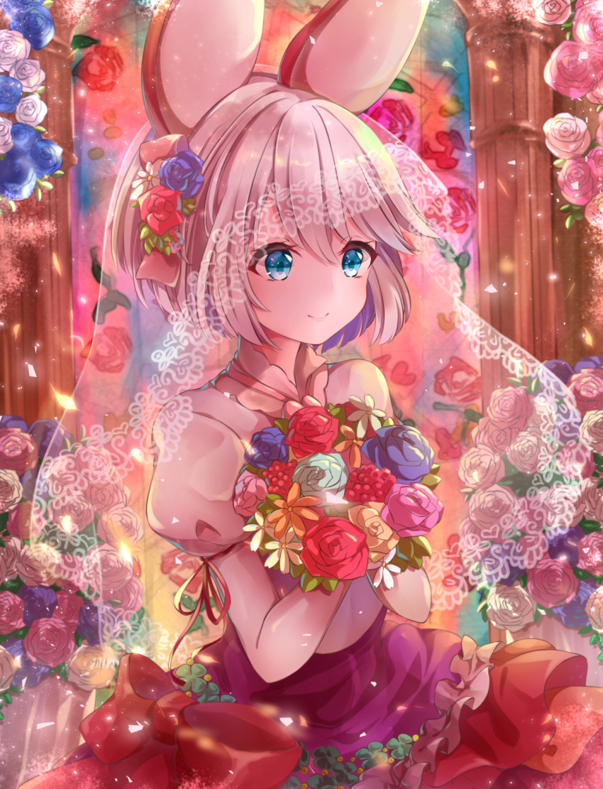 alternate_costume, blue_eyes, blue_flower, blue_rose, clover, commentary, dress, elphelt_valentine, flower, frills, guilty_gear, hair_flower, hair_ornament, hands_clasped, headband, highres, holding, looking_away, own_hands_together, pink_flower, pink_rose, purple_flower, purple_rose, ribbon, rose, short_hair, smile, stained_glass, usari_sk, veil, white_flower, white_hair, white_rose