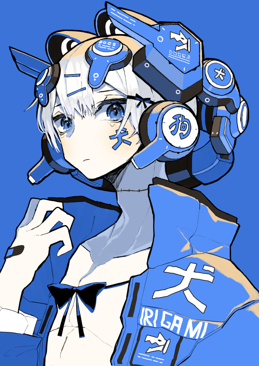 1boy, bandaid, blue_background, blue_eyes, blue_jacket, blue_theme, blush, hair_ornament