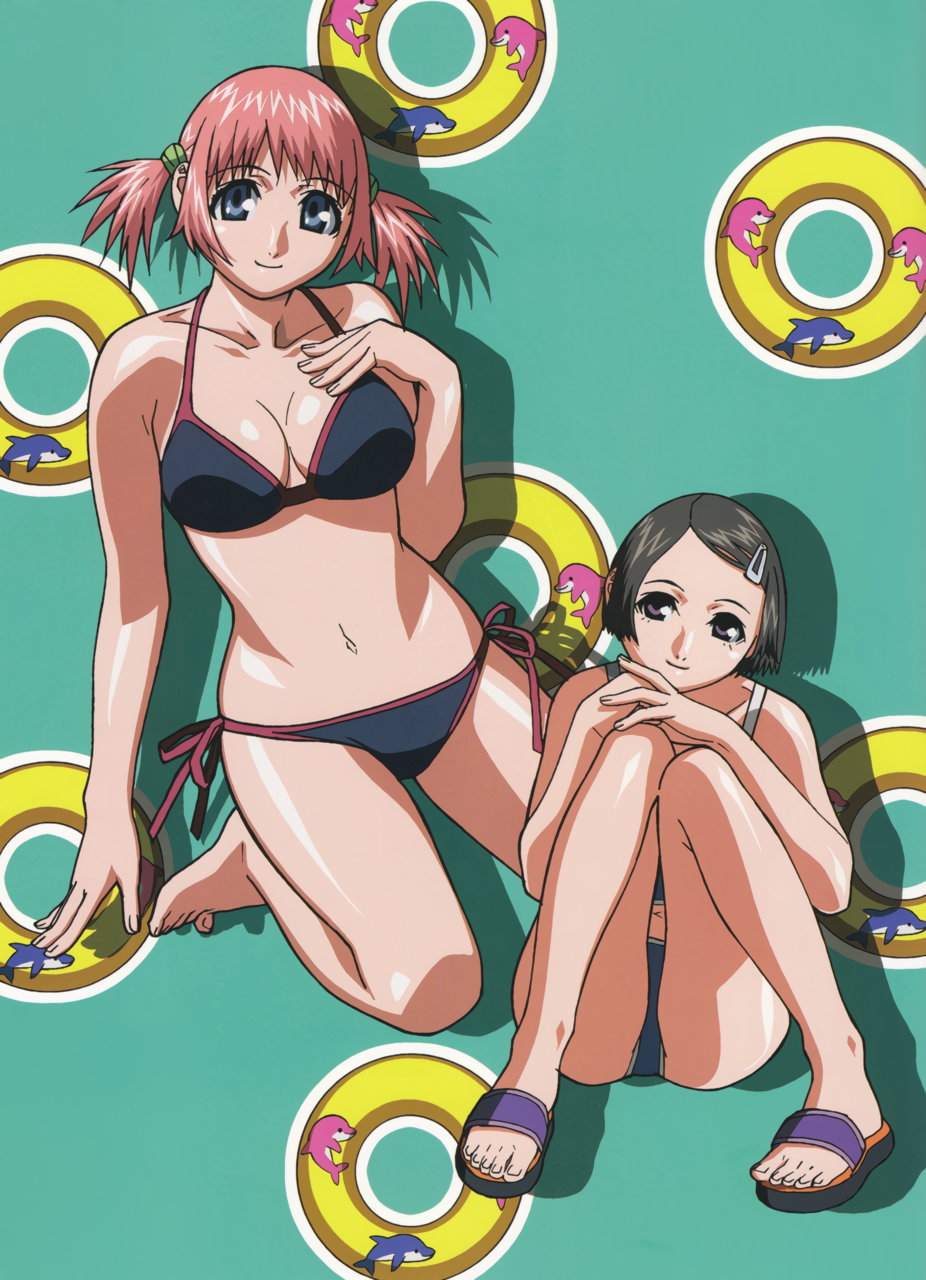 2girls, asami_igarashi, bangs, barefoot, bikini, black_eyes, black_hair, blue_eyes