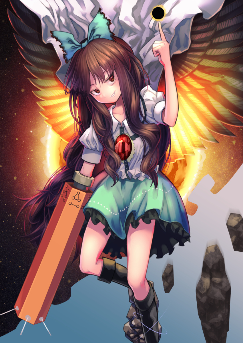 1girl, arm_cannon, bangs, bird_wings, black_wings, blouse, bow, brown_eyes